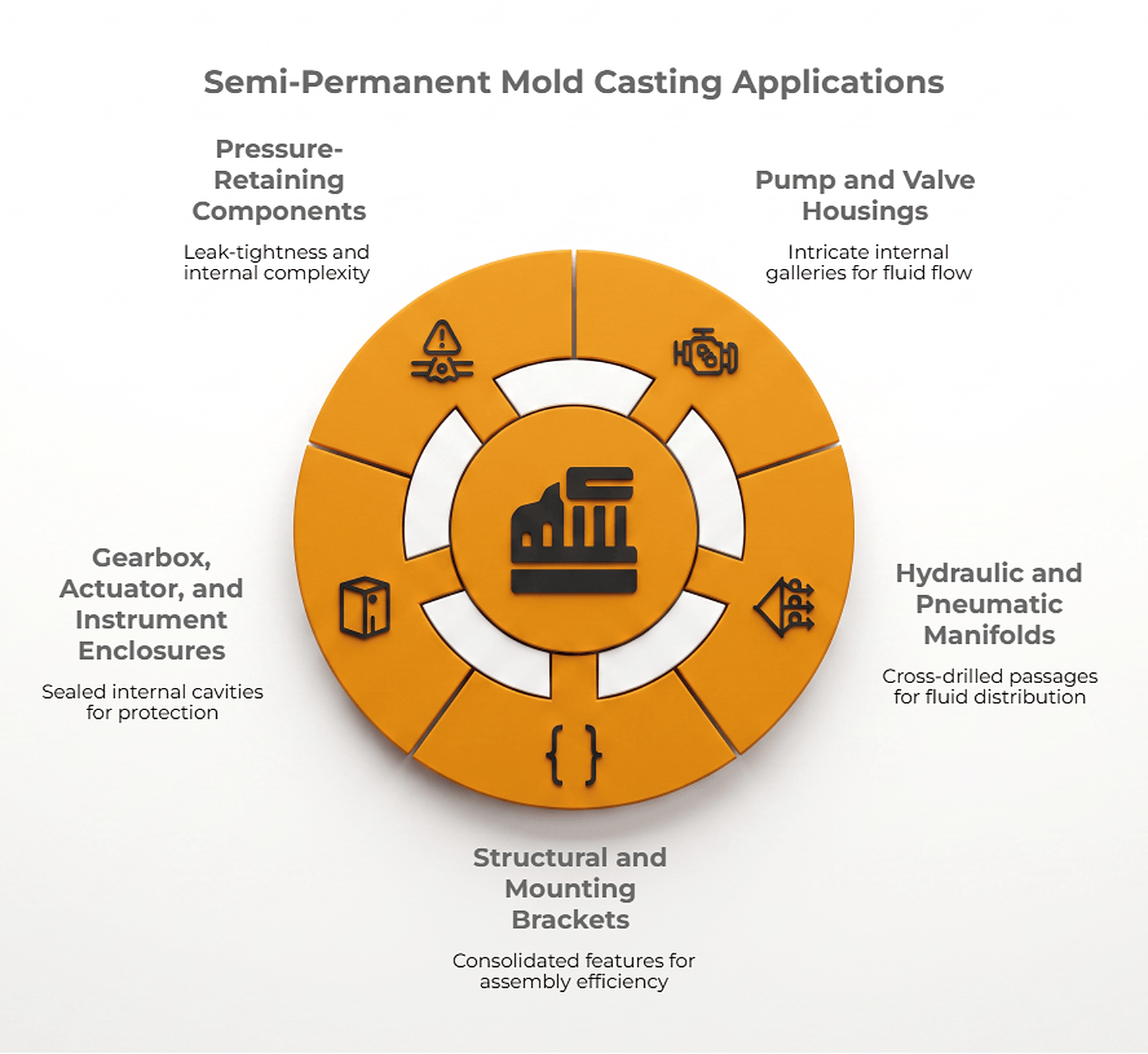 Semi-permanent mold casting applications: manifolds, housings, enclosures and pressure-retaining components